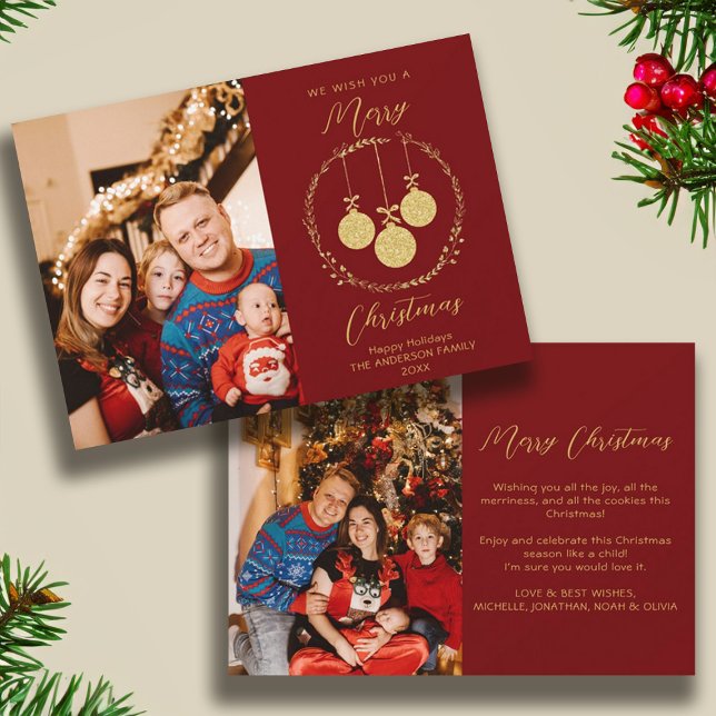 Cartes Pour Fêtes Annuelles Faux Gold Foil Élégante photo de Noël Maroon (Faux Gold Foil Elegant Christmas Photo Maroon Holiday Card)
