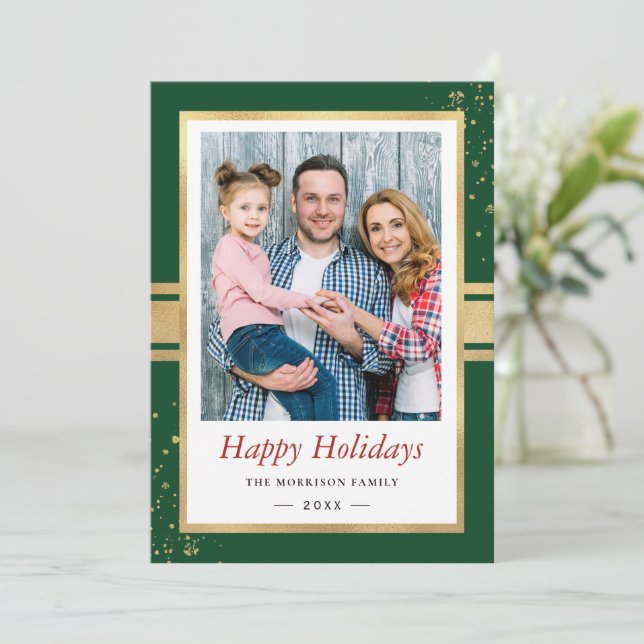 Cartes Pour Fêtes Annuelles Faux Gold Foil Frame Happy Holidays Photo (Debout devant)