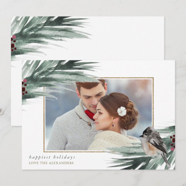 Cartes Pour Fêtes Annuelles Faux Gold Frame Joyeux Vacances Hiver Verdure (Devant / Derrière)