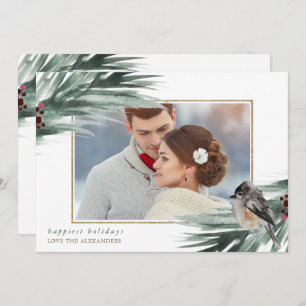 Cartes Pour Fêtes Annuelles Faux Gold Frame Joyeux Vacances Hiver Verdure