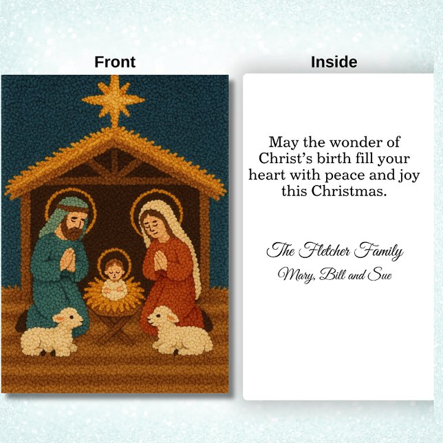 Cartes Pour Fêtes Annuelles Faux Latch Hook Christmas Nativity Scene (Front and Inside of Teal and Rust Nativity Scene)