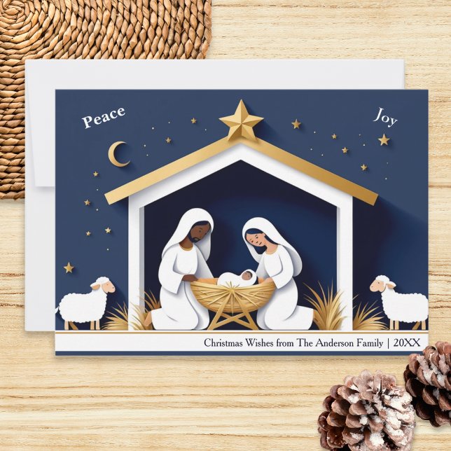 Cartes Pour Fêtes Annuelles Faux Papercraft Paix et joie Nativité Noël (A faux papercraft Christmas card with nativity scene. Mary, Joseph and baby Jesus in the manger)