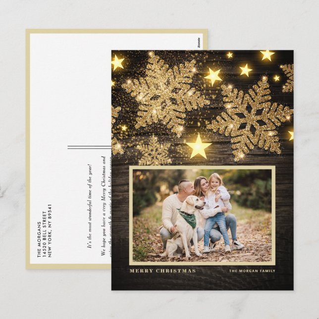 Cartes Pour Fêtes Annuelles Faux Wood Gold Parties scintillant Snowflakes Phot (Devant / Derrière)