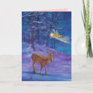 Cartes Pour Fêtes Annuelles Fée et cerfs communs illustrés d'hiver en bois