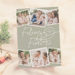 Cartes Pour Fêtes Annuelles Felices Fiestas | Caligrafía Navideña y 6 Fotos<br><div class="desc">Llene de alegría las fiestas con esta encantadora tarjeta de Navidad en tono verde salvia. En esta postal, "Felices Fiestas" está escrito en una caligrafía moderna, con el nombre de su familia y el año integrados en los trazos elegantes. Personalice la tarjeta con seis fotos : tres en la parte...</div>