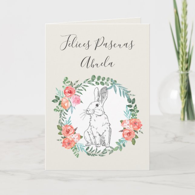 Cartes Pour Fêtes Annuelles Felices Pascuas Bunny Floral Boho Espagnol Iivoire (Devant)