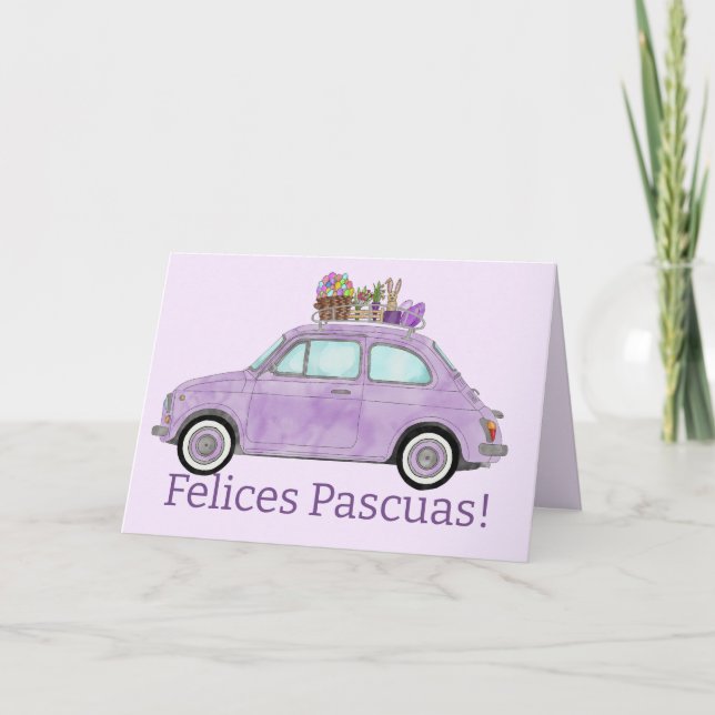 Cartes Pour Fêtes Annuelles Felices Pascuas Espagne Pâques Retro Fiat 500 (Devant)
