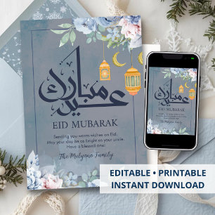Cartes Pour Fêtes Annuelles Félicitations Eid Mubarak Floral Aquarelle Bleu Cl