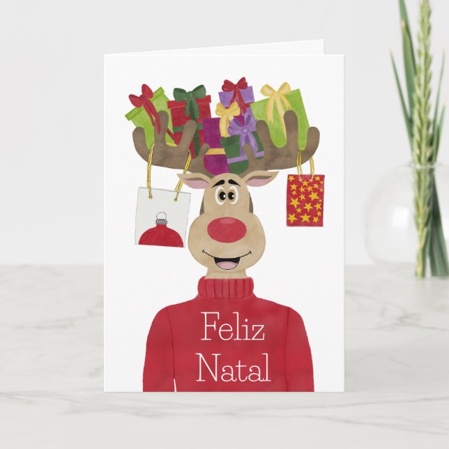 Cartes Pour Fêtes Annuelles Feliz Natal, Portugal Cadeaux de Noël Reindeer (Devant)