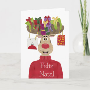 Cartes Pour Fêtes Annuelles Feliz Natal, Portugal Cadeaux de Noël Reindeer