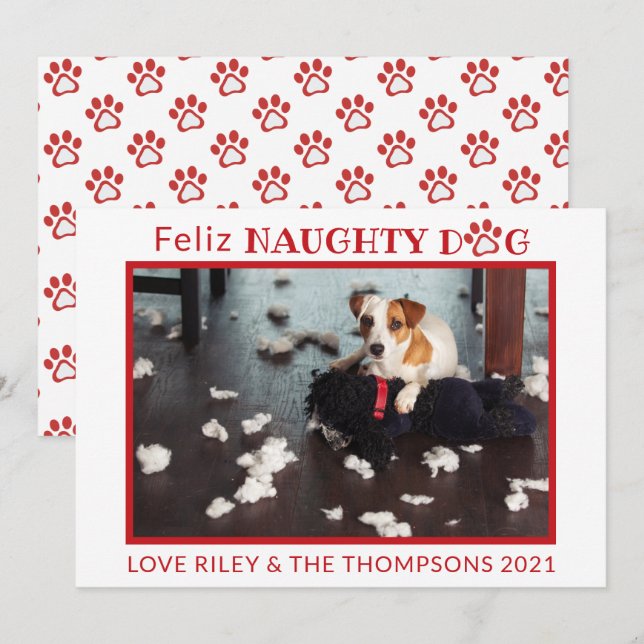 Cartes Pour Fêtes Annuelles Feliz Naughty Chig Red Paws Horizontal Animal Phot (Devant / Derrière)