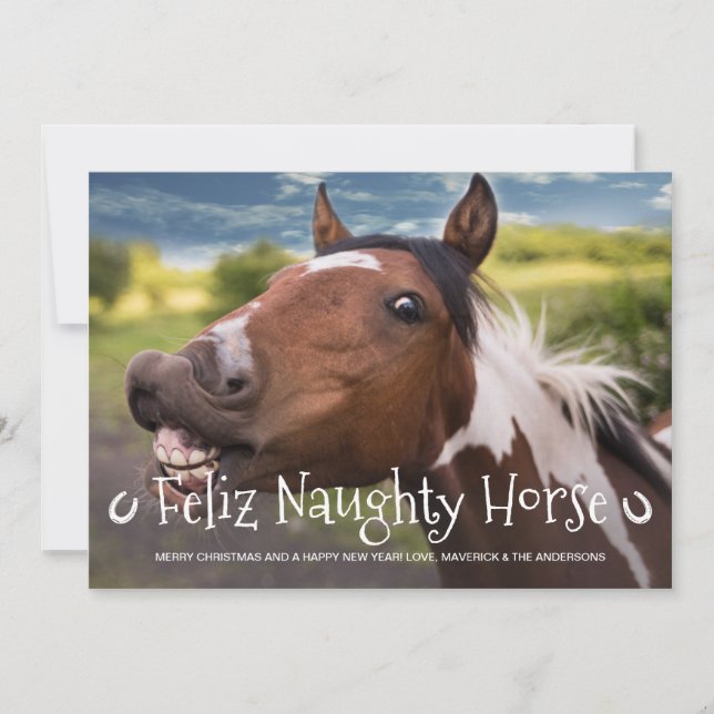 Cartes Pour Fêtes Annuelles Feliz Naughty Horse Funny Personnalisé Photo Anima (Devant)