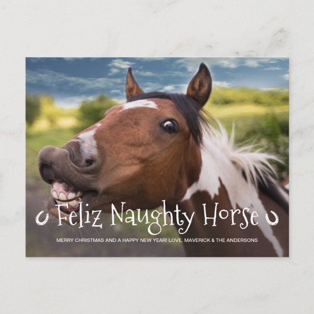 Cartes Pour Fêtes Annuelles Feliz Naughty Horse Funny Personnalisé Photo Anima (Devant)