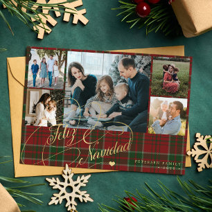 Cartes Pour Fêtes Annuelles Feliz Navidad 5 photos élégant script rouge plaid
