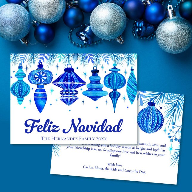 Cartes Pour Fêtes Annuelles Feliz Navidad Baubles dans la famille des Aquarell (Feliz Navidad Baubles in Blue Watercolor Family Holiday Card)