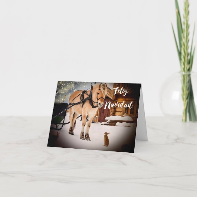 Cartes Pour Fêtes Annuelles Feliz Navidad ferme de Noël avec cheval (Devant)