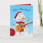Cartes Pour Fêtes Annuelles Feliz Navidad "Mariachi Christmas" Snowman<br><div class="desc">Un mignon bonhomme de neige portant un chapeau de Père Noël et serape,  jouant sa "guitarron" aka : "vihuela" et chanter "Feliz Navidad!" A l'image du thème Mariachi,  l'intérieur dit : "Je vous souhaite un Noël Mariachi et une bonne année !"</div>