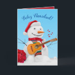 Cartes Pour Fêtes Annuelles Feliz Navidad "Mariachi Christmas" Snowman<br><div class="desc">Un mignon bonhomme de neige portant un chapeau de Père Noël et serape,  jouant sa "guitarron" aka : "vihuela" et chanter "Feliz Navidad!" A l'image du thème Mariachi,  l'intérieur dit : "Je vous souhaite un Noël Mariachi et une bonne année !"</div>