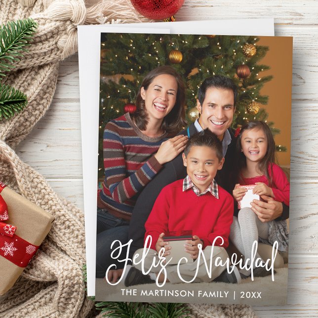 Cartes Pour Fêtes Annuelles Feliz Navidad Modern Calligraphie Script Photo (Customize to add text to back of card.)