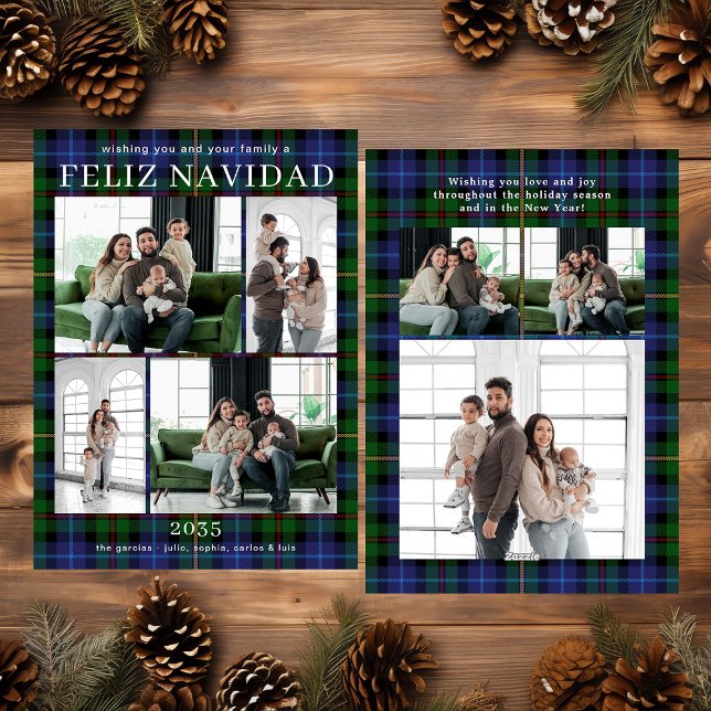 Cartes Pour Fêtes Annuelles Feliz Navidad Multi Photo Grren Plaid Holiday Card (Créateur téléchargé)