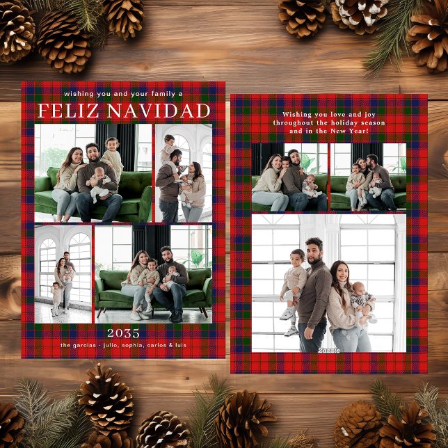 Cartes Pour Fêtes Annuelles Feliz Navidad Multi Photo Red Plaid Holiday Card (Créateur téléchargé)