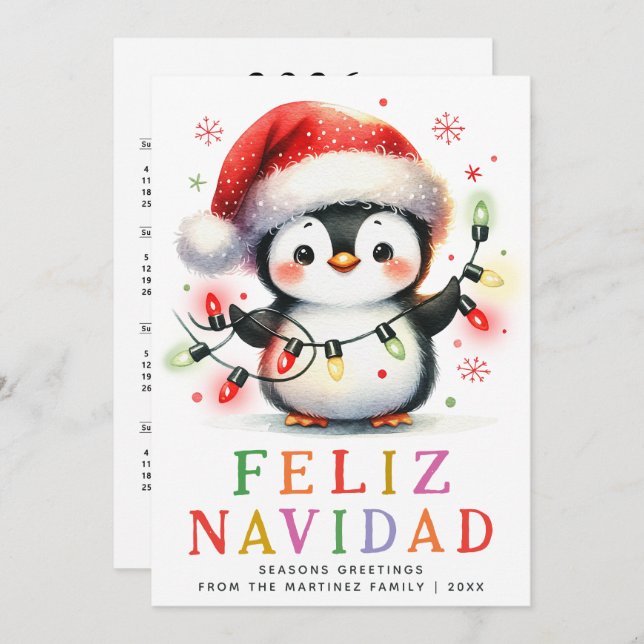 Cartes Pour Fêtes Annuelles Feliz Navidad Penguin, couleur, Noël espagnol (Devant / Derrière)