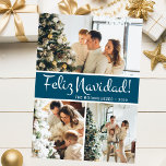 Cartes Pour Fêtes Annuelles Feliz Navidad Photo Collage<br><div class="desc">Cette fabuleuse 3 photo de carte de vacances avec "Feliz Navidad!" dans une police de caractères de script moderne et votre nom de famille et année dans une police de caractères casquette traditionnelle propre et nette en blanc sur turquoise avec un dos assorti est parfait pour envoyer à votre famille...</div>