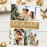 Cartes Pour Fêtes Annuelles Feliz Navidad Photo Collage<br><div class="desc">Cette fabuleuse 3 photo de carte de vacances avec "Feliz Navidad!" dans une police de caractères de script moderne et votre nom de famille et année dans une police de caractères casquette traditionnelle propre et nette, en blanc sur or avec un dos assorti, est parfaite pour envoyer à votre famille...</div>