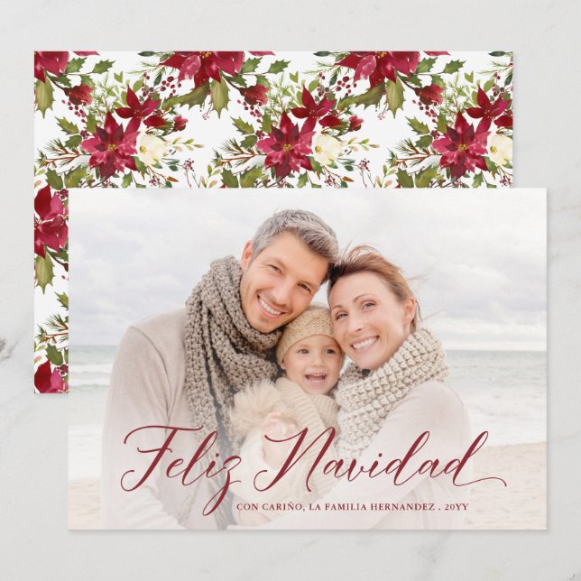 Cartes Pour Fêtes Annuelles Feliz Navidad | Photo de Noël Poinsettias (Devant / Derrière)