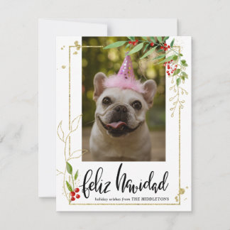 Cartes Pour Fêtes Annuelles Feliz Navidad| Script Photo Gold Berry Holly