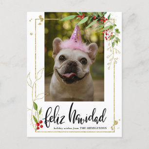 Cartes Pour Fêtes Annuelles Feliz Navidad   Script Photo Gold Berry Holly