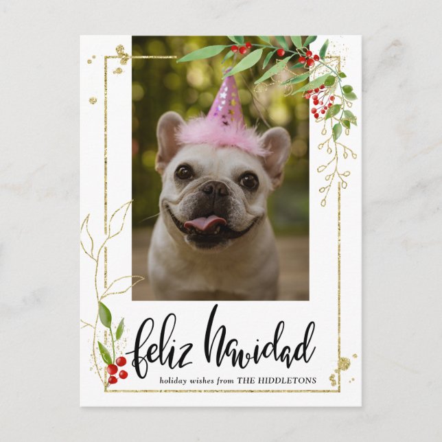 Cartes Pour Fêtes Annuelles Feliz Navidad | Script Photo Gold Berry Holly (Devant)