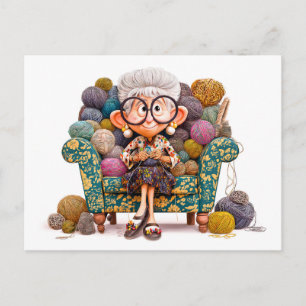 Cartes Pour Fêtes Annuelles Femme âgée tricotant heureusement entourée de fil