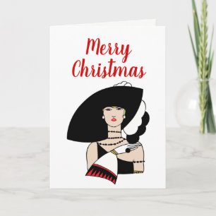 Cartes Pour Fêtes Annuelles Femme Art Déco de Noël portant un chapeau des gant