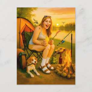 Cartes Pour Fêtes Annuelles Femme campeuse effrayée avec chien et tente