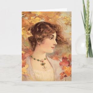 Cartes Pour Fêtes Annuelles Femme d'automne Art nouveau Imprimé de feuillage d