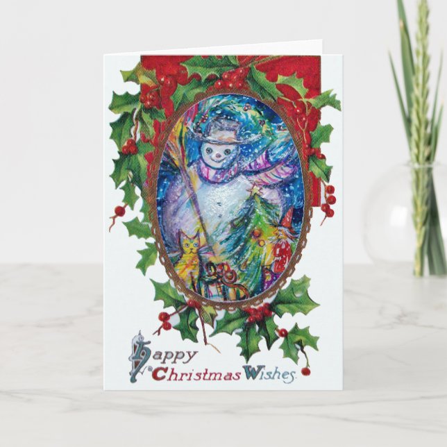 Cartes Pour Fêtes Annuelles FEMME DE NEIGE AVEC JOUETS, Couronne de Noël Holly (Devant)