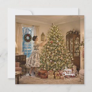 Cartes Pour Fêtes Annuelles Femme de Noël 1950 décorant un arbre de Noël