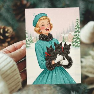 Cartes Pour Fêtes Annuelles Femme de Noël Rétro Vintage Avec Chiens Scotty