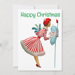 Cartes Pour Fêtes Annuelles Femme de Noël vintage 1950 avec des cadeaux