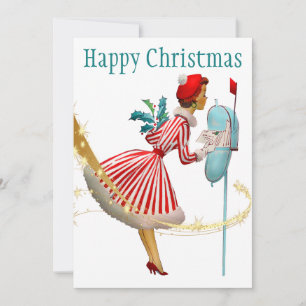 Cartes Pour Fêtes Annuelles Femme de Noël vintage 1950 avec des cadeaux