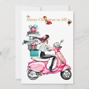 Cartes Pour Fêtes Annuelles Femme de Noël vintage sur un scooter rose