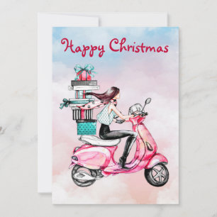 Cartes Pour Fêtes Annuelles Femme de Noël vintage sur un scooter rose
