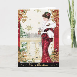 Cartes Pour Fêtes Annuelles Femme des années 1920 en robe d'hiver rouge