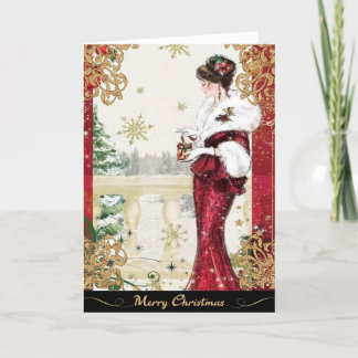 Cartes Pour Fêtes Annuelles Femme des années 1920 en robe d'hiver rouge