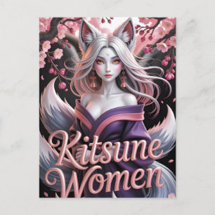 Cartes Pour Fêtes Annuelles Femme élégante kitsune blanche avec fleurs de saku