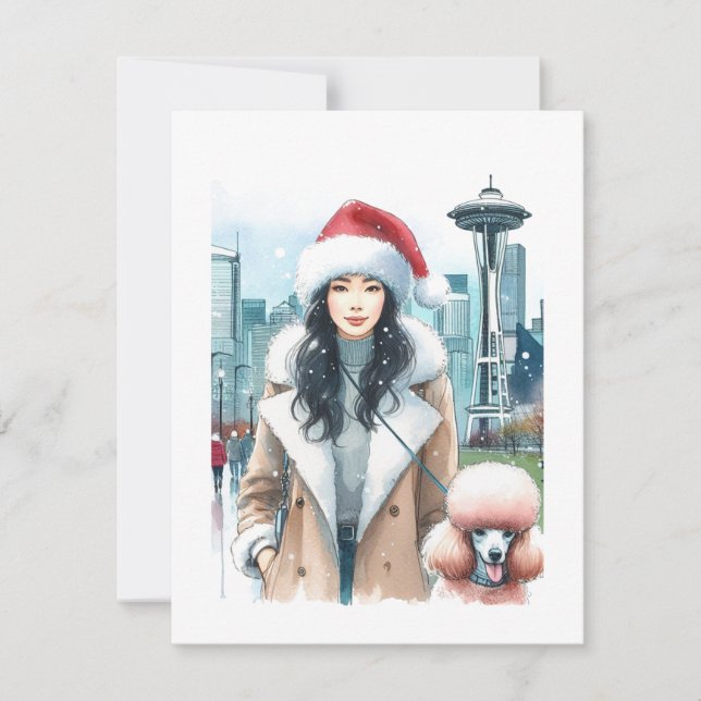 Cartes Pour Fêtes Annuelles Femme élégante promenant son caniche à Seattle à N (Devant)