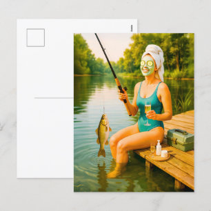 Cartes Pour Fêtes Annuelles Femme en Bikini Pêche à quai en bois