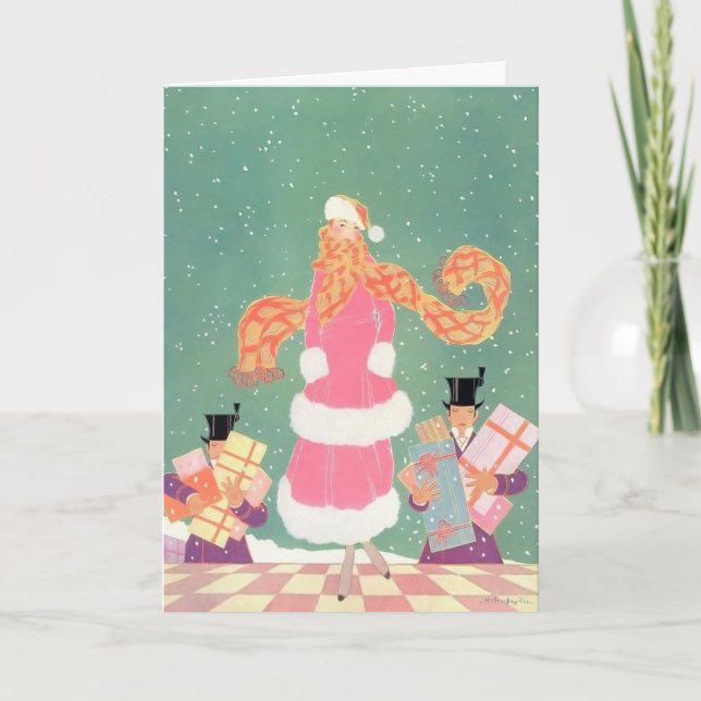 Cartes Pour Fêtes Annuelles Femme en rose avec hommes portant des cadeaux 1914 (Devant)