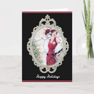 Cartes Pour Fêtes Annuelles Femme Flapper de Noël Art Déco en Rouge
